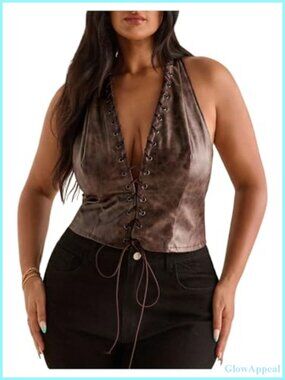 PU Leather Halter Crop Top Sleeveless Lace Up Backless Party Club Top Plus Size